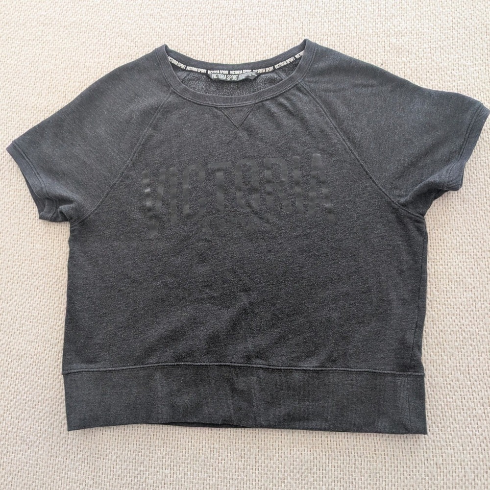 Victoria Sport Women Short Sleeve Sweatshirt Charcoal Gray Logo Fleece Top M